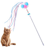 Maxbell Funny Cat Teaser Wand Long Rod Cat Interactive Toy with Plush Balls and Bell Blue Pink