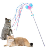 Maxbell Funny Cat Teaser Wand Long Rod Cat Interactive Toy with Plush Balls and Bell Blue Pink