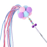 Maxbell Funny Cat Teaser Wand Long Rod Cat Interactive Toy with Plush Balls and Bell Blue Violet Pink