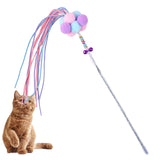 Maxbell Funny Cat Teaser Wand Long Rod Cat Interactive Toy with Plush Balls and Bell Blue Violet Pink