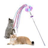 Maxbell Funny Cat Teaser Wand Long Rod Cat Interactive Toy with Plush Balls and Bell Blue Violet Pink