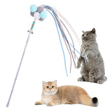 Maxbell Funny Cat Teaser Wand Long Rod Cat Interactive Toy with Plush Balls and Bell Blue Gray