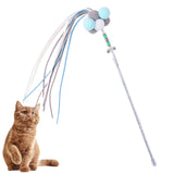 Maxbell Funny Cat Teaser Wand Long Rod Cat Interactive Toy with Plush Balls and Bell Blue Gray