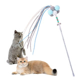 Maxbell Funny Cat Teaser Wand Long Rod Cat Interactive Toy with Plush Balls and Bell Blue Gray