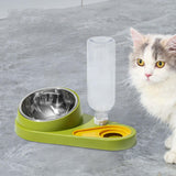 Maxbell Dog Cat Double Bowl Food Water Bowl Tilted Anti Spill Feeder Bow Detachable Green