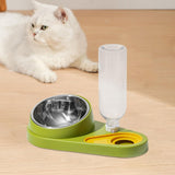 Maxbell Dog Cat Double Bowl Food Water Bowl Tilted Anti Spill Feeder Bow Detachable Green