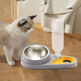 Maxbell Dog Cat Double Bowl Food Water Bowl Tilted Anti Spill Feeder Bow Detachable Grey