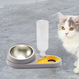 Maxbell Dog Cat Double Bowl Food Water Bowl Tilted Anti Spill Feeder Bow Detachable Grey