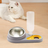 Maxbell Dog Cat Double Bowl Food Water Bowl Tilted Anti Spill Feeder Bow Detachable Grey