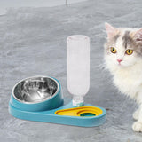 Maxbell Dog Cat Double Bowl Food Water Bowl Tilted Anti Spill Feeder Bow Detachable Blue