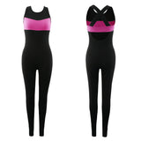 Women Ladies Sports Fitness Leggings Exercise Yoga Jumpsuit M Black & Rose Red