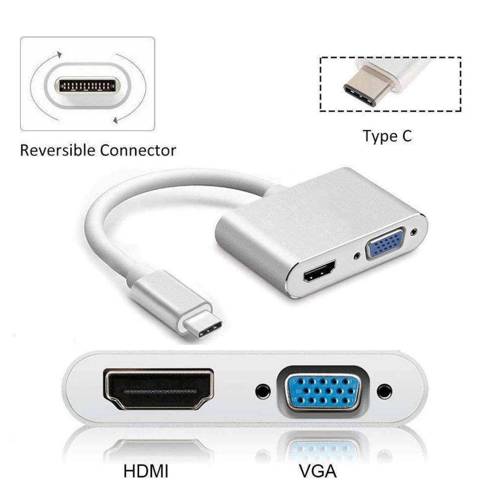 Maxbell 2in1 USB Type C Hub 4K HDMI & VGA Port Display Adapter Splitter Box Silver