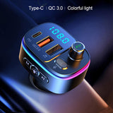 Maxbell Car Bluetooth FM Transmitter Type-C QC3.0 Dual USB Charger 7 RGB Backlit