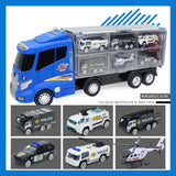 7 Pieces of Blue Container Truck with Alloy Special Police Car, Kids Indoor Vehicle Toy Set, Birthday Gift - Aladdin Shoppers