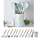 Maxbell Silicone Non Stick Kitchen Cooking Utensil Set Wooden Handle Slotted Turner