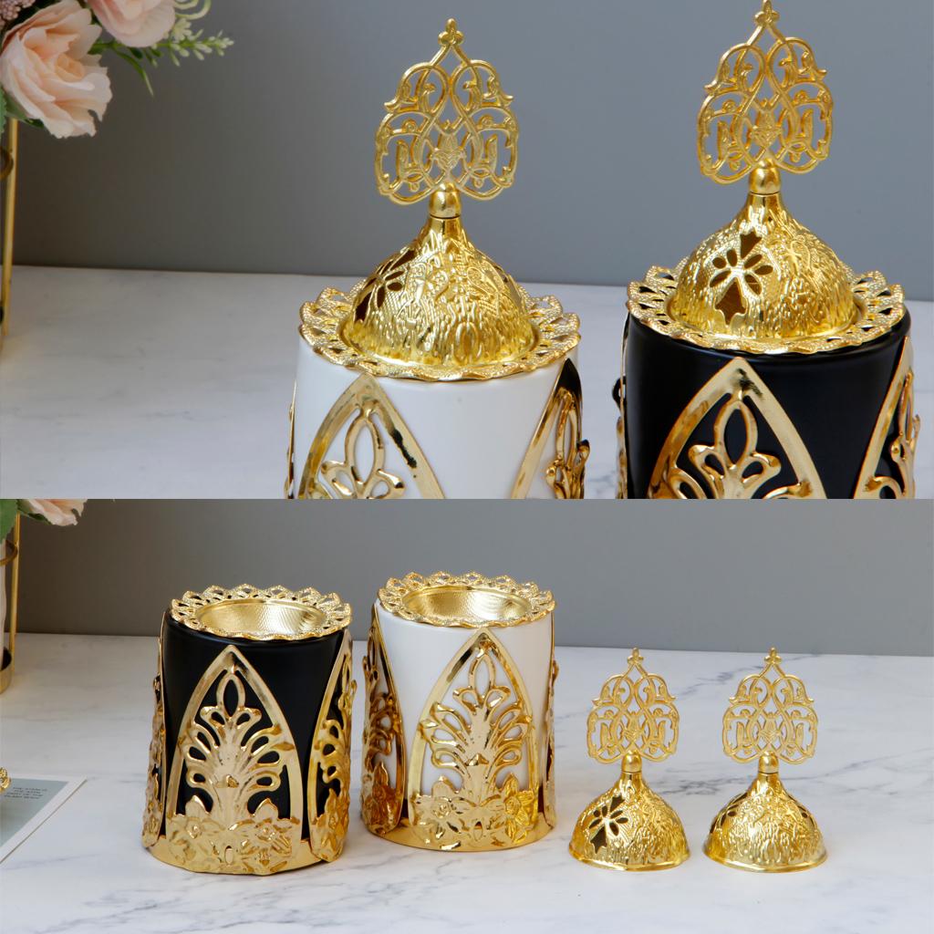 Ceramic Incense Burner With Gold Metal Lid Censer Desktop Decor Black