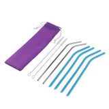 Maxbell Bent Drinking Straws Set of 4pcs Blue Silicone 2pcs Stainless and 2pcs Brush