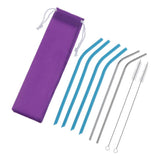 Maxbell Bent Drinking Straws Set of 4pcs Blue Silicone 2pcs Stainless and 2pcs Brush