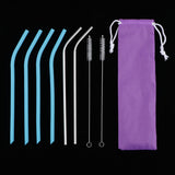 Maxbell Bent Drinking Straws Set of 4pcs Blue Silicone 2pcs Stainless and 2pcs Brush