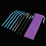 Maxbell Bent Drinking Straws Set of 4pcs Blue Silicone 2pcs Stainless and 2pcs Brush