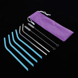 Maxbell Bent Drinking Straws Set of 4pcs Blue Silicone 2pcs Stainless and 2pcs Brush