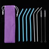 Maxbell Bent Drinking Straws Set of 4pcs Blue Silicone 2pcs Stainless and 2pcs Brush