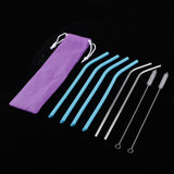 Maxbell Bent Drinking Straws Set of 4pcs Blue Silicone 2pcs Stainless and 2pcs Brush