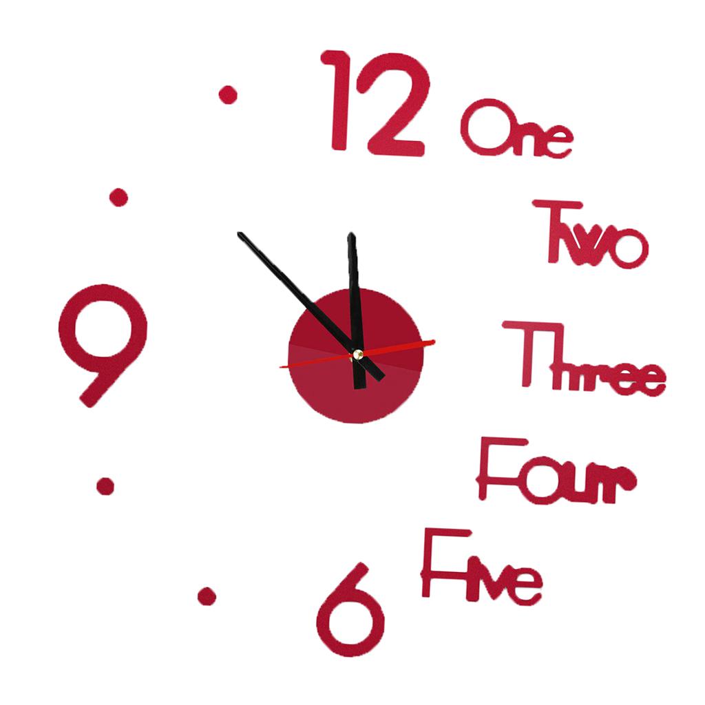 3D Wall Sticker Clock Self-adhesive Frameless Clock Modern Art Red