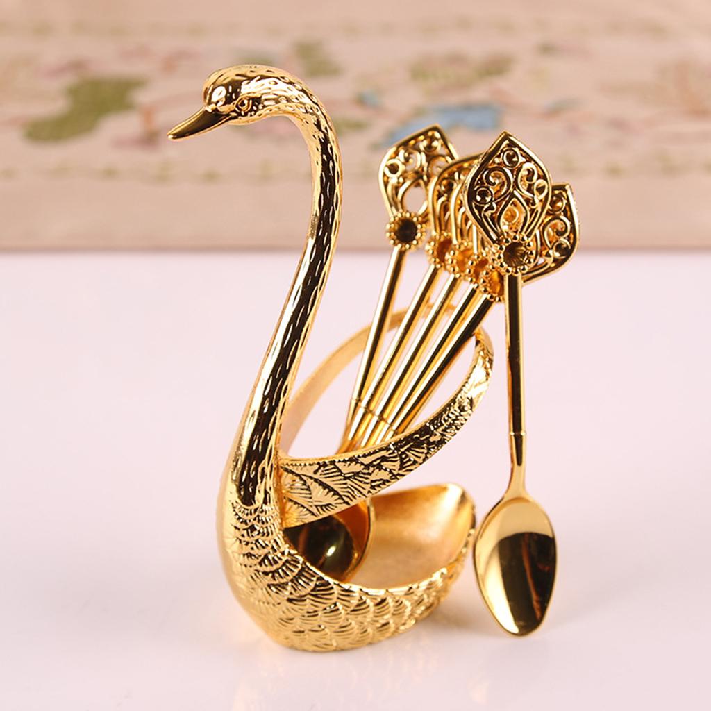 Maxbell  Swan Base Holder with 6pcs Ice Cream Spoons Teaspoons Coffee Dessert Sugar Golden