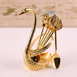 Maxbell  Swan Base Holder with 6pcs Ice Cream Spoons Teaspoons Coffee Dessert Sugar Golden