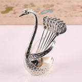 Maxbell  Swan Base Holder with 6pcs Ice Cream Spoons Teaspoons Coffee Dessert Sugar Silver