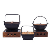 Maxbell Cast Iron Hanging Pan Stock Pot W/Wood Lid Japanese Sukiyaki Stew Pot Camp Pot 18cm Base 16x6cm