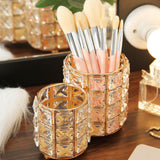 Maxbell Crystal Makeup Brush Holder 2 Compartments Bucket for Dresser Organizer gold