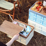 Maxbell Collapsible Storage Bin Container with Wooden Lid for Indoor Fishing Outdoor Light Coffee 55L