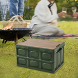 Maxbell Collapsible Storage Bin Container with Wooden Lid for Indoor Fishing Outdoor Dark Green 30L