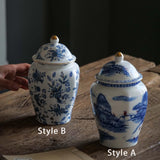 Maxbell Ceramic Tea Jar Blue White Porcelain with Lid for Dining Room Office Wedding Style A