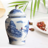 Maxbell Ceramic Tea Jar Blue White Porcelain with Lid for Dining Room Office Wedding Style A