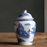 Maxbell Ceramic Tea Jar Blue White Porcelain with Lid for Dining Room Office Wedding Style A