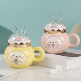 Maxbell Cute Rabbit Coffee Mugs with Lid and Handle Cartoon for Home Party Woman Man Light Yellow