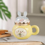 Maxbell Cute Rabbit Coffee Mugs with Lid and Handle Cartoon for Home Party Woman Man Light Yellow