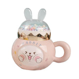 Maxbell Cute Rabbit Coffee Mugs with Lid and Handle Cartoon for Home Party Woman Man Pink
