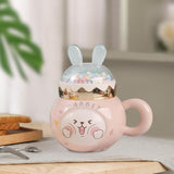 Maxbell Cute Rabbit Coffee Mugs with Lid and Handle Cartoon for Home Party Woman Man Pink