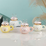 Maxbell Cute Rabbit Coffee Mugs with Lid and Handle Cartoon for Home Party Woman Man White