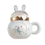 Maxbell Cute Rabbit Coffee Mugs with Lid and Handle Cartoon for Home Party Woman Man White