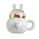 Maxbell Cute Rabbit Coffee Mugs with Lid and Handle Cartoon for Home Party Woman Man White