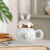 Maxbell Cute Rabbit Coffee Mugs with Lid and Handle Cartoon for Home Party Woman Man White