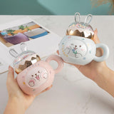Maxbell Cute Rabbit Coffee Mugs with Lid and Handle Cartoon for Home Party Woman Man White