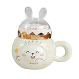 Maxbell Cute Rabbit Coffee Mugs with Lid and Handle Cartoon for Home Party Woman Man White Happy