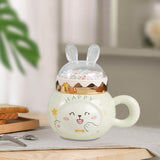 Maxbell Cute Rabbit Coffee Mugs with Lid and Handle Cartoon for Home Party Woman Man White Happy