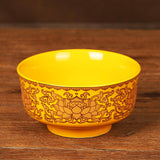 Maxbell Porcelain Tribute Bowl Buddha Supplies Family Temple Tabletop Handmade Yellow with Lotus